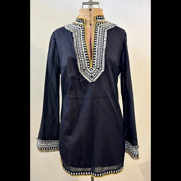 Tory Burch Embroidered Fringe Tunic Top in Navy Size 6 - Picture 2 of 12